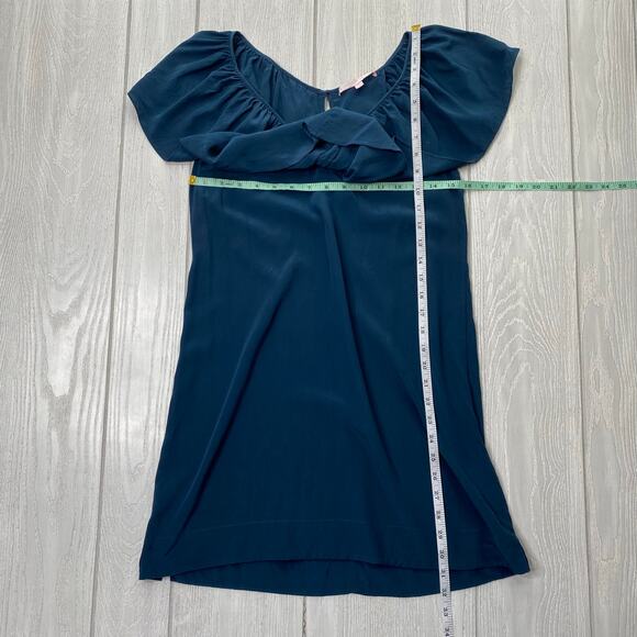 REBECCA TAYLOR WOMEN'S SILK TEAL BLUE RUFFLE TOP MINI DRESS SIZE 0 - Picture 4 of 9